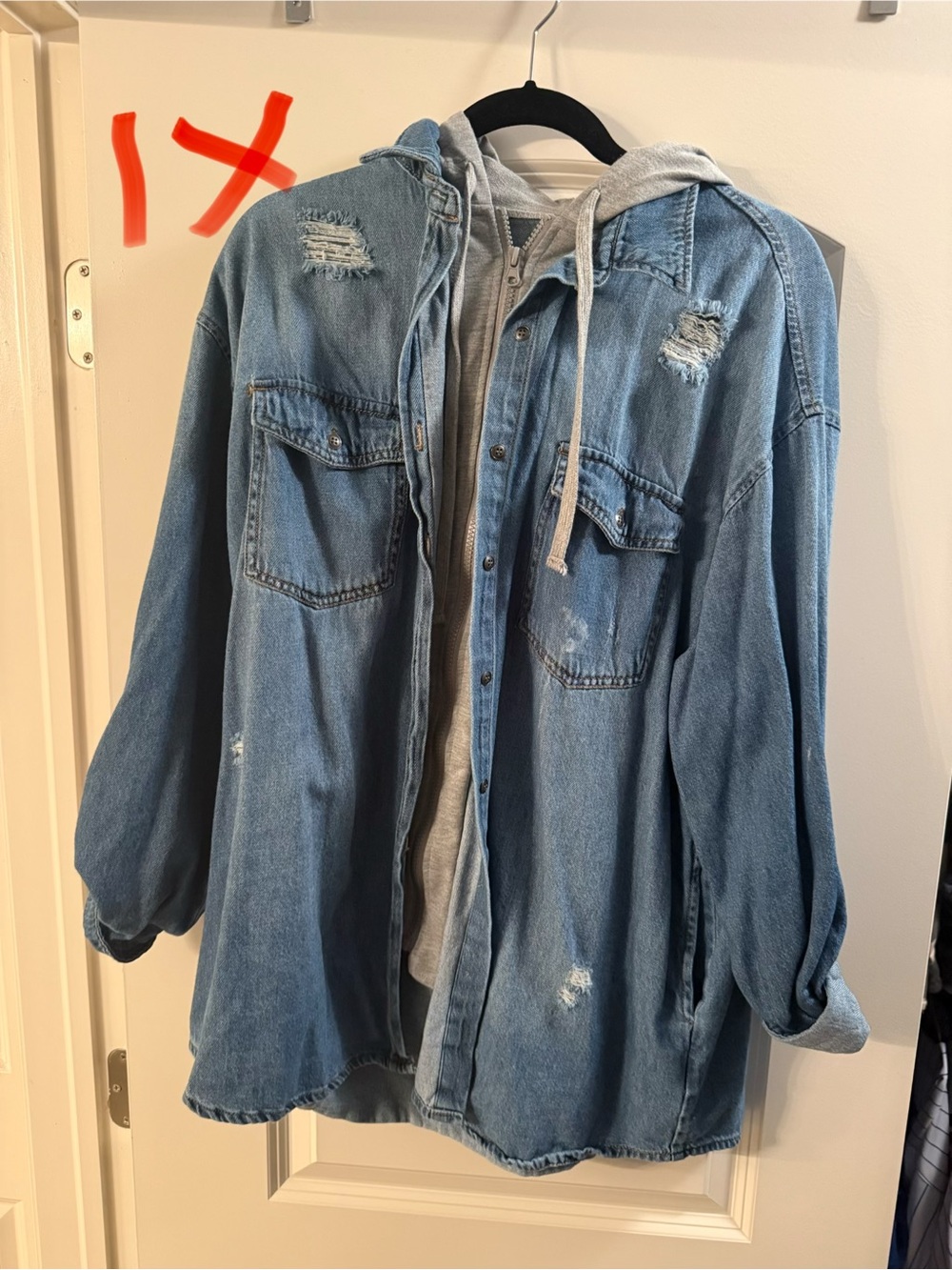 Risen brand women’s Light Blue Distressed Denim Jacket with Grey Hoodie Lining